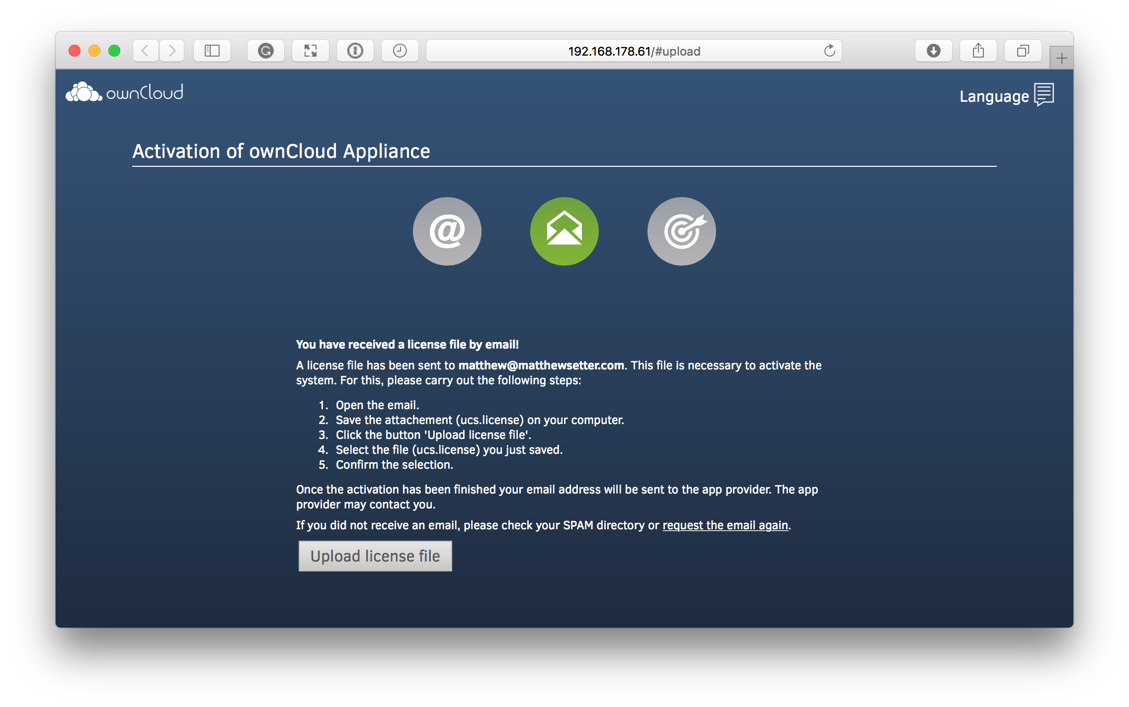 Activate the ownCloud X Trial Appliance.
