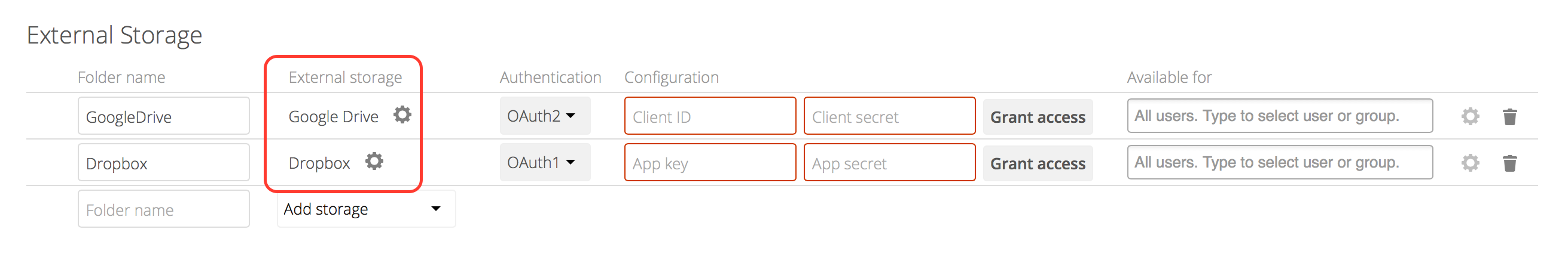 Links to Google Drive and Dropbox app configuration pages.