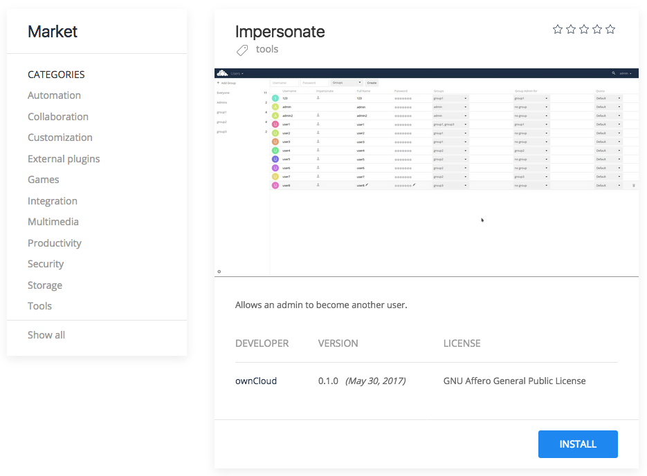 The ownCloud Marketplace Impersonate app.