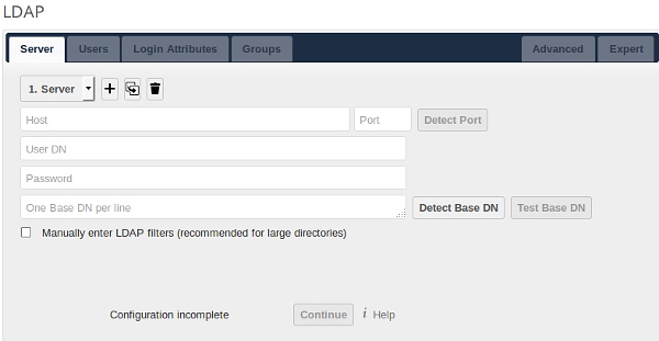LDAP wizard, server tab