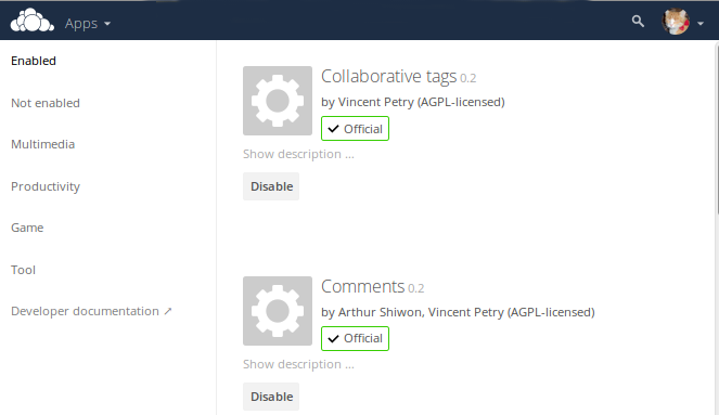 Apps page for enabling and disabling apps.