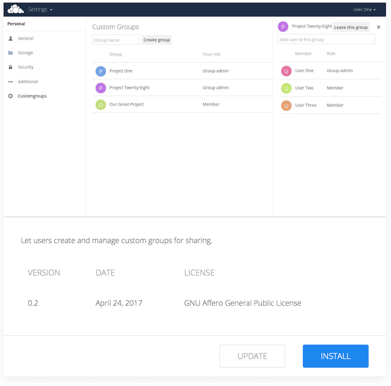 Install the Custom Groups application from the ownCloud Market