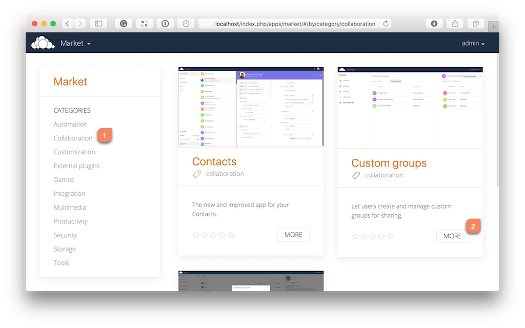 The Custom Groups application in the ownCloud Market