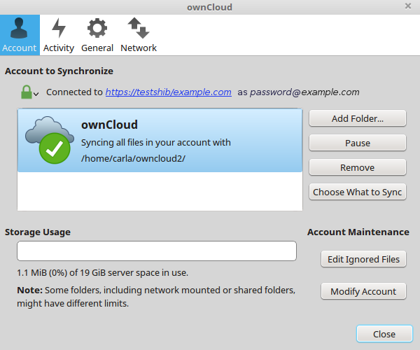 The ownCloud client shows which server you are connected to.