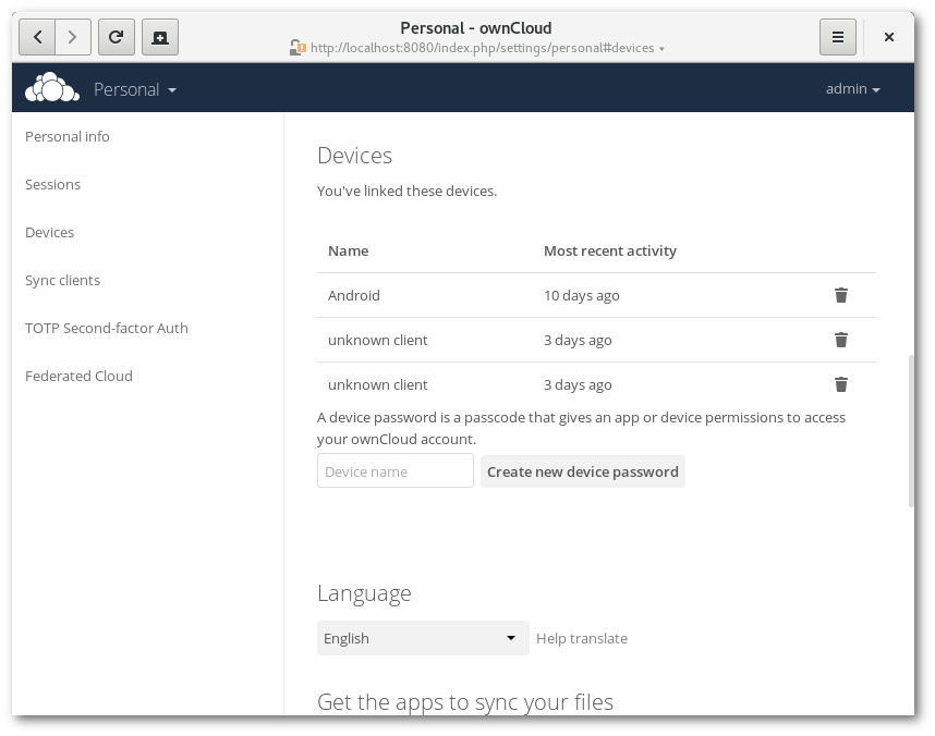 List of connected devices.