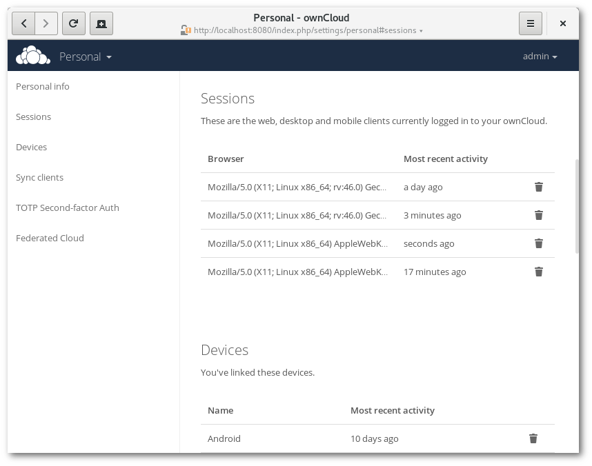 List of browser sessions.